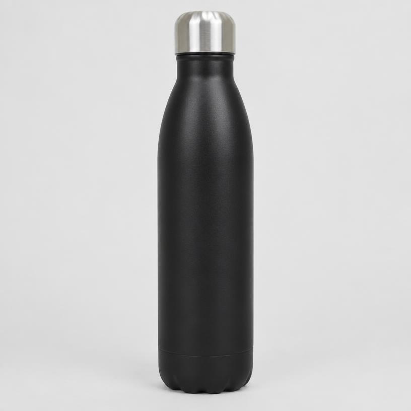 Plain product photo of a water bottle on a grey background